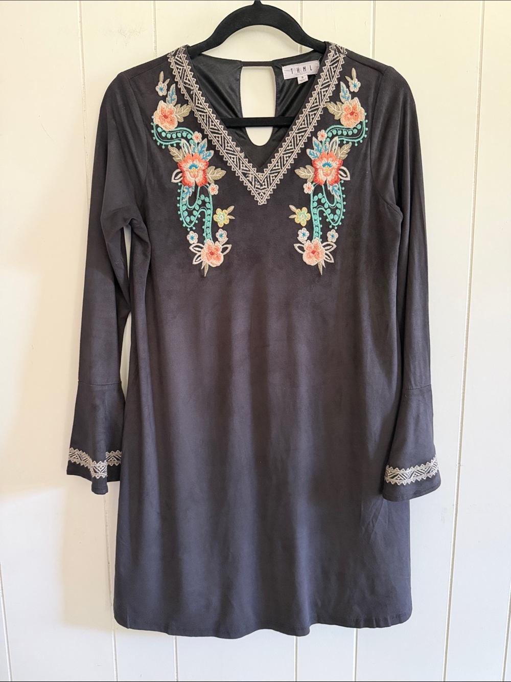 THML Embroidered Floral Long Sleeve Tunic Dress Bell Flare Sleeve Size S